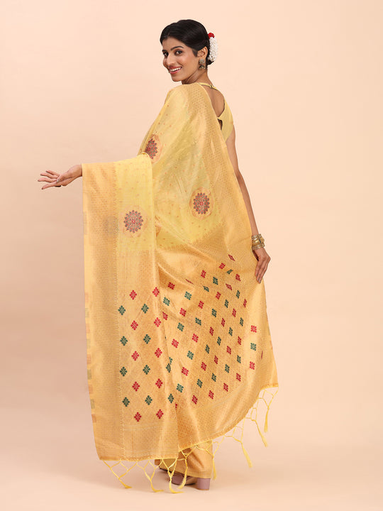 Yellow Linen Cotton Saree With Blouse Piece