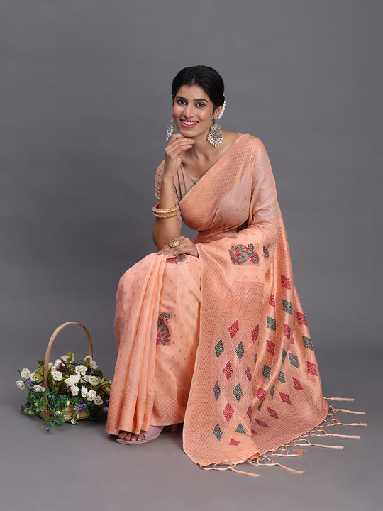Peach Linen Cotton Saree With Blouse Piece