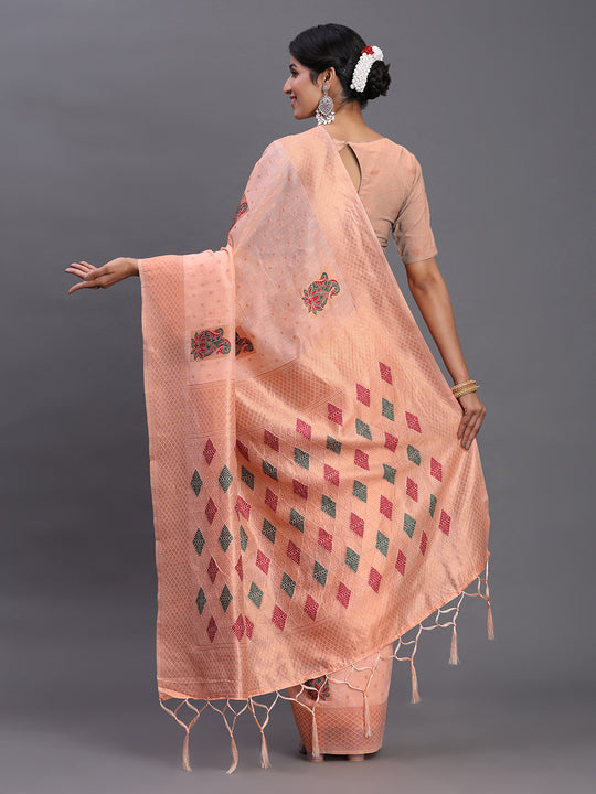 Peach Linen Cotton Saree With Blouse Piece