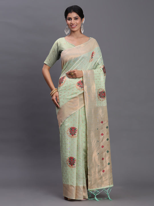 Light Green Linen Cotton Saree With Blouse Piece