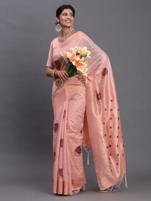 Light Pink Linen Cotton Saree With Blouse Piece