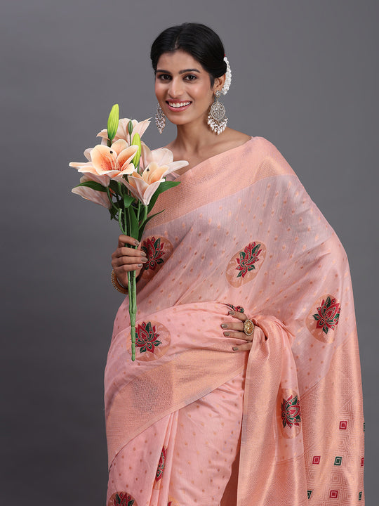 Light Pink Linen Cotton Saree With Blouse Piece