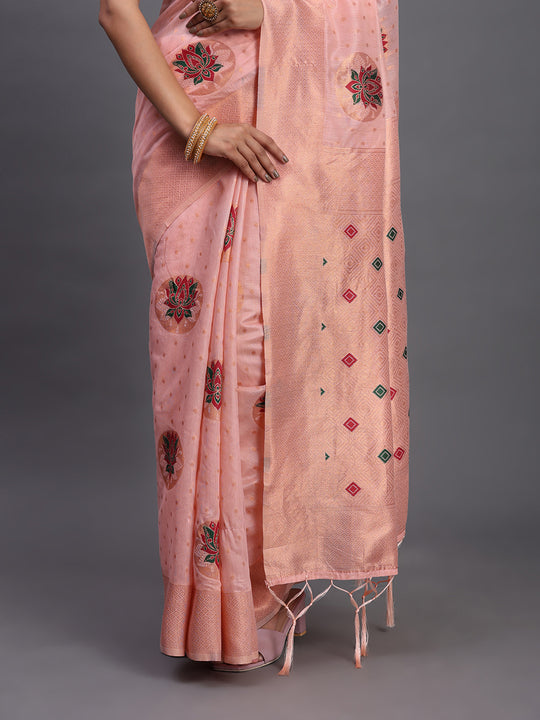 Light Pink Linen Cotton Saree With Blouse Piece