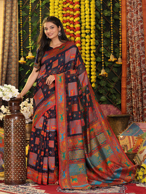 Navy Blue Linen Cotton Saree With Blouse Piece