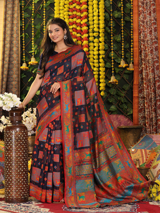 Navy Blue Linen Cotton Saree With Blouse Piece