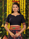 Navy Blue Linen Cotton Saree With Blouse Piece