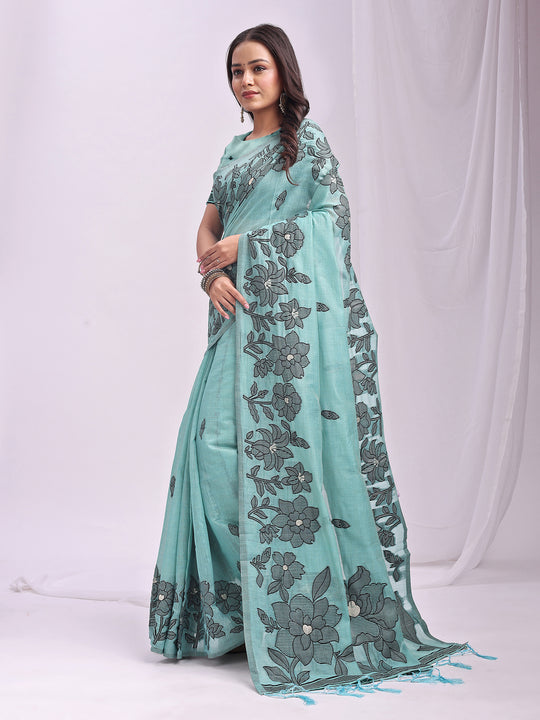 Sea Green Linen Cotton Saree With Blouse Piece