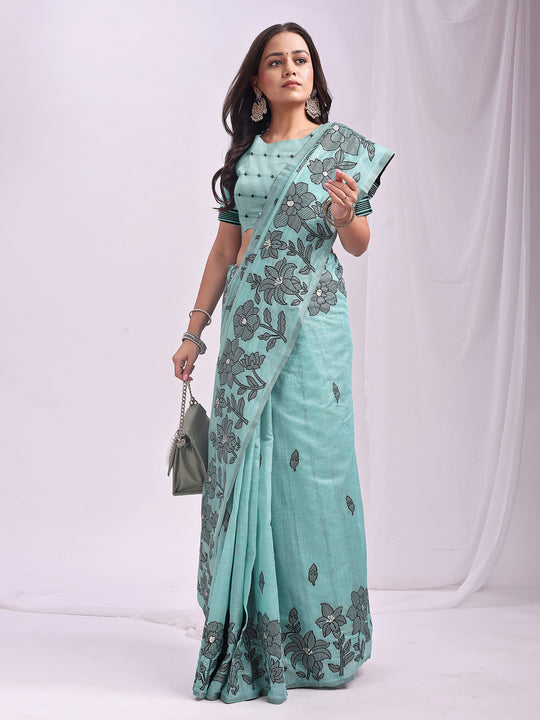 Sea Green Linen Cotton Saree With Blouse Piece