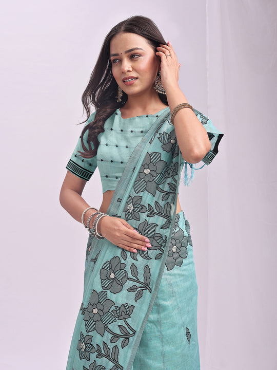 Sea Green Linen Cotton Saree With Blouse Piece