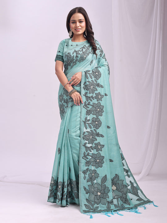 Sea Green Linen Cotton Saree With Blouse Piece