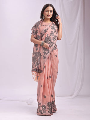 Peach Linen Cotton Saree With Blouse Piece