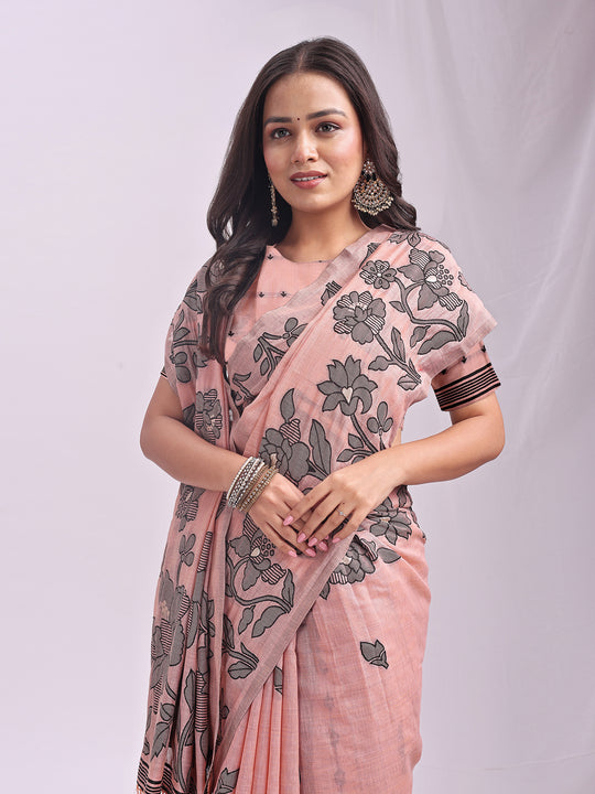 Peach Linen Cotton Saree With Blouse Piece