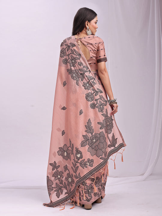 Peach Linen Cotton Saree With Blouse Piece