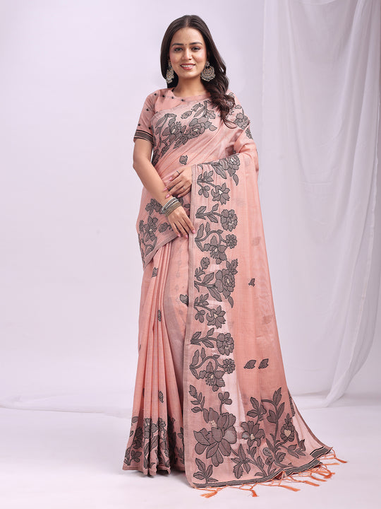 Peach Linen Cotton Saree With Blouse Piece