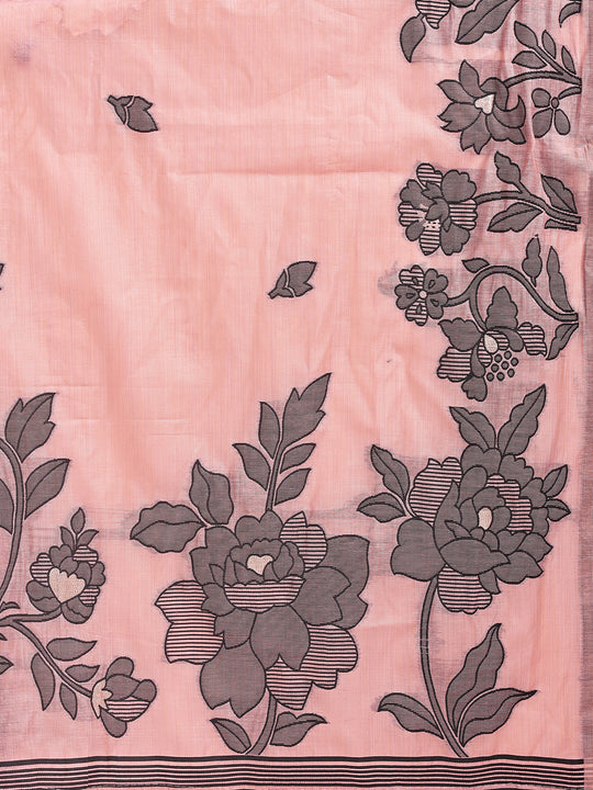 Peach Linen Cotton Saree With Blouse Piece