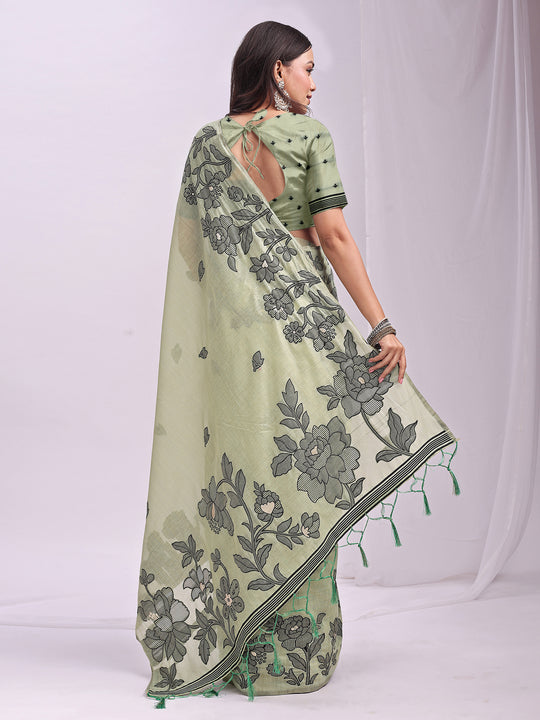 Light Green Linen Cotton Saree With Blouse Piece