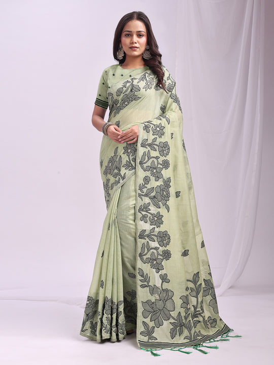 Light Green Linen Cotton Saree With Blouse Piece