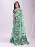 Rama Green Linen Cotton Saree With Blouse Piece
