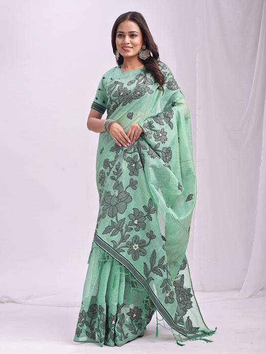 Rama Green Linen Cotton Saree With Blouse Piece