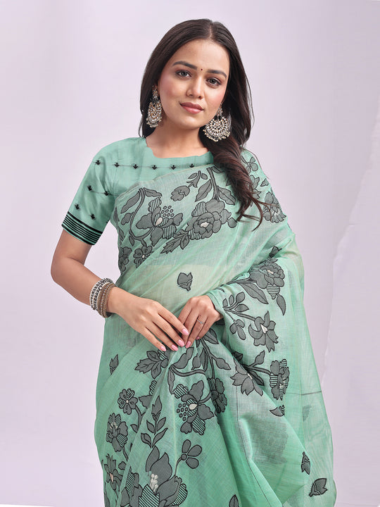 Rama Green Linen Cotton Saree With Blouse Piece
