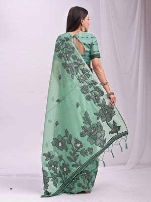 Rama Green Linen Cotton Saree With Blouse Piece
