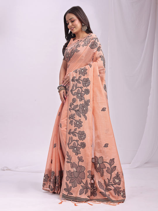 Orange Linen Cotton Saree With Blouse Piece