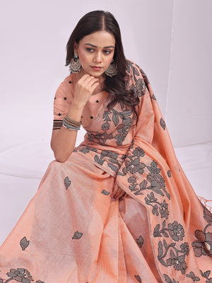 Orange Linen Cotton Saree With Blouse Piece