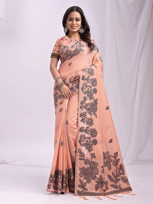 Orange Linen Cotton Saree With Blouse Piece