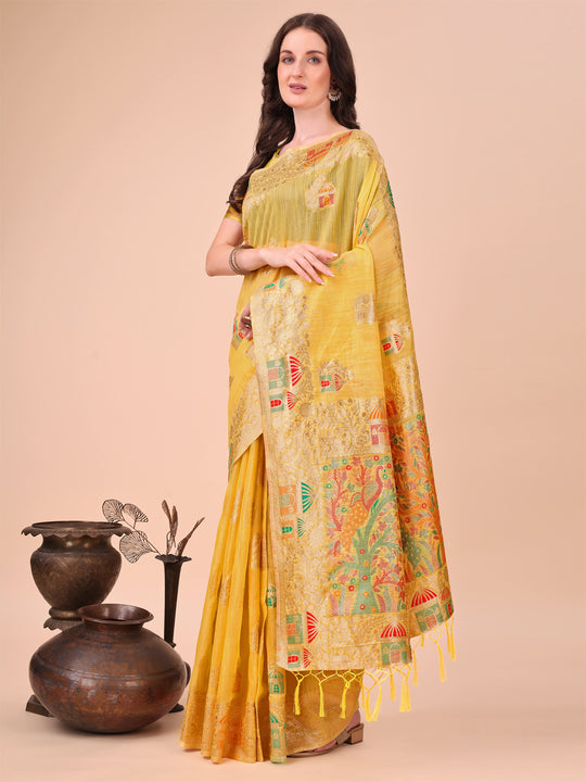 Yellow Linen Cotton Saree With Blouse Piece