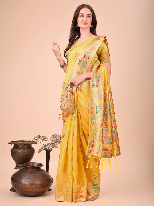 Yellow Linen Cotton Saree With Blouse Piece