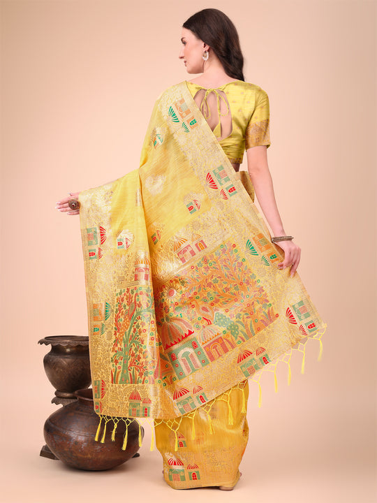 Yellow Linen Cotton Saree With Blouse Piece