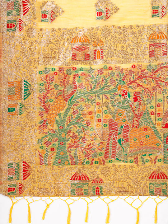 Yellow Linen Cotton Saree With Blouse Piece