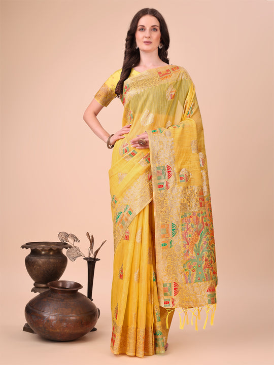 Yellow Linen Cotton Saree With Blouse Piece