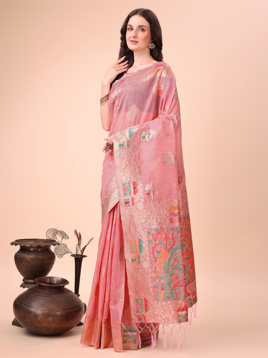 Pink Linen Cotton Saree With Blouse Piece