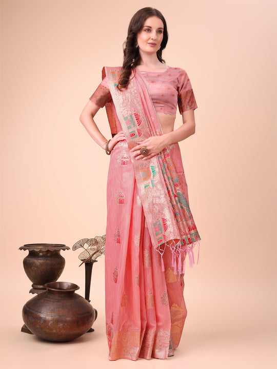 Pink Linen Cotton Saree With Blouse Piece