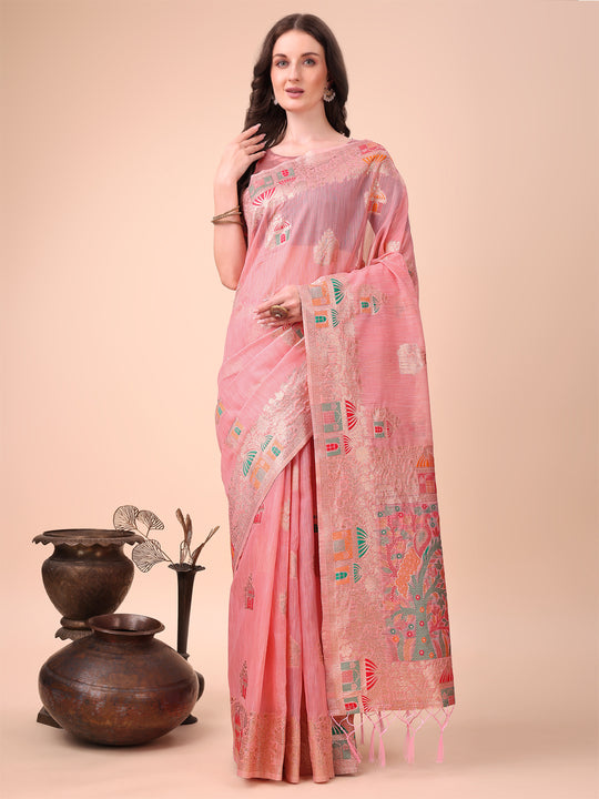 Pink Linen Cotton Saree With Blouse Piece