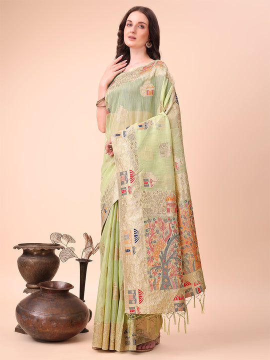 Light Green Linen Cotton Saree With Blouse Piece