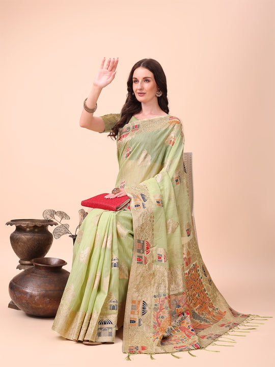 Light Green Linen Cotton Saree With Blouse Piece
