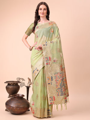 Light Green Linen Cotton Saree With Blouse Piece