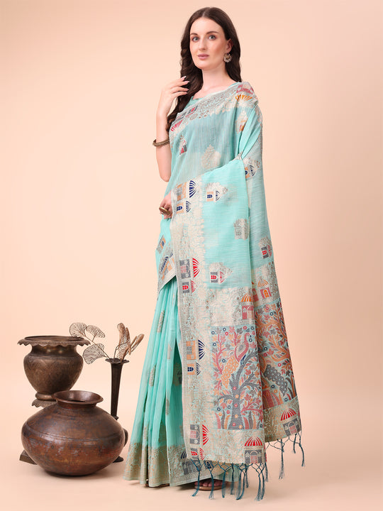Sky Blue Linen Cotton Saree With Blouse Piece