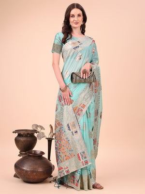 Sky Blue Linen Cotton Saree With Blouse Piece