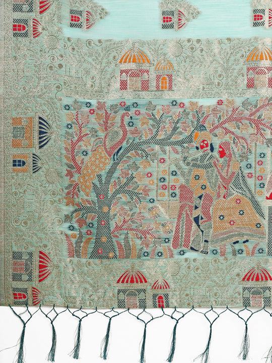 Sky Blue Linen Cotton Saree With Blouse Piece