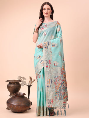 Sky Blue Linen Cotton Saree With Blouse Piece