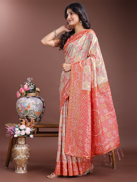 Brown Linen Cotton Saree With Blouse Piece