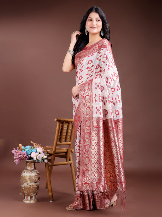 Maroon Linen Cotton Saree With Blouse Piece