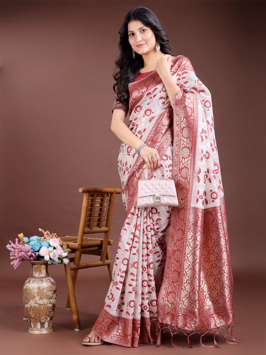 Maroon Linen Cotton Saree With Blouse Piece