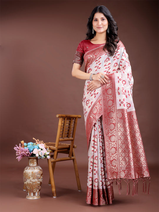 Maroon Linen Cotton Saree With Blouse Piece