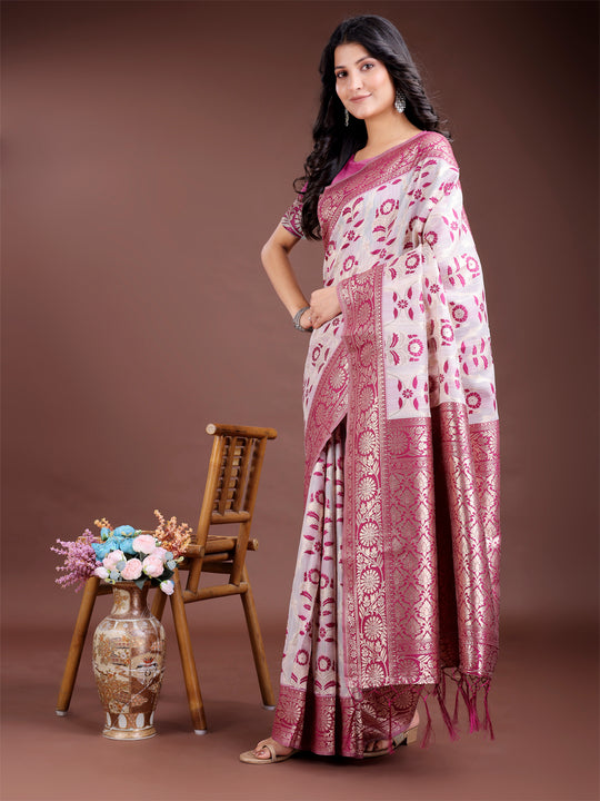 Purple Linen Cotton Saree With Blouse Piece