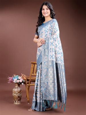 Sky Blue Linen Cotton Saree With Blouse Piece
