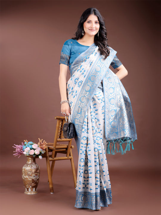 Sky Blue Linen Cotton Saree With Blouse Piece